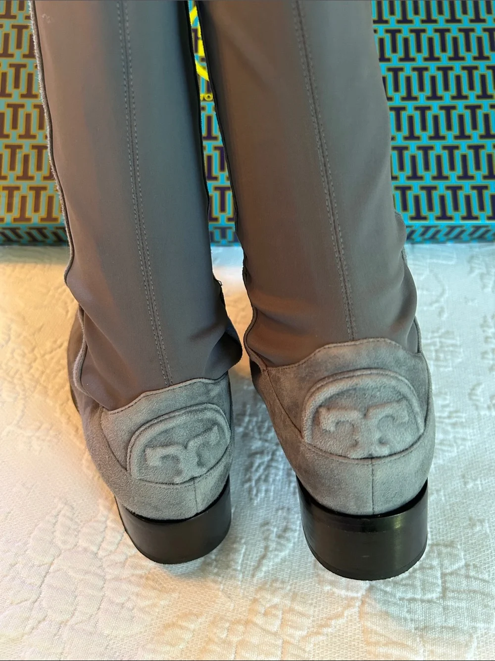 Tory Burch Over-the-Knee Suede Stretch Boots in Gray